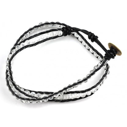 Kristallen wikkelarmband met heldere kristallen, leer en parelmoer | Crystal White
