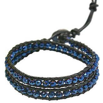 Blauw kristallen wikkelarmband met leer en parelmoer | Double Wrap Blue Crystal
