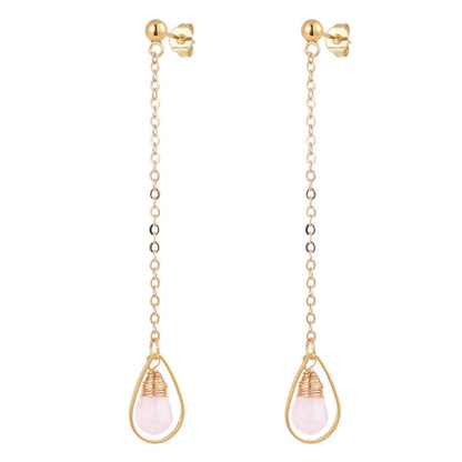 Lange roze edelstenen oorbellen met rozenkwarts en goud edelstaal | Dangling Long Rosé Quartz