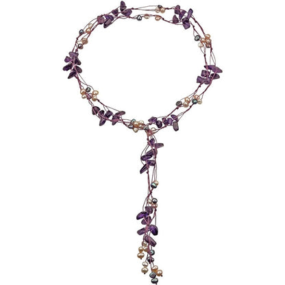 Lange zoetwater parelketting met witte, grijze en zalm kleurige parels en paarse edelsteen amethist | Sweet Purple