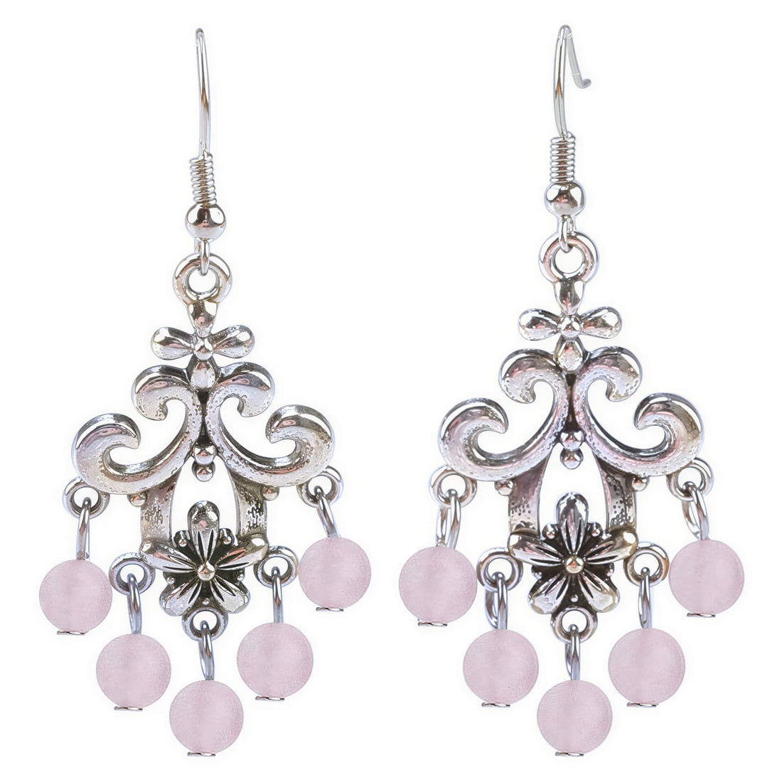 Lange licht roze edelstenen oorbellen met rozenkwarts en sterling zilver (925) | Chandelier Frozen Rosé Quartz