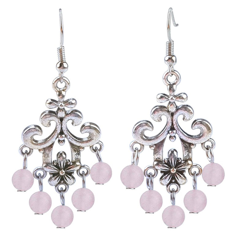 Lange licht roze edelstenen oorbellen met rozenkwarts en sterling zilver (925) | Chandelier Frozen Rosé Quartz