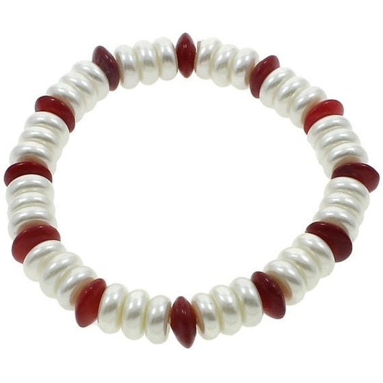 Parel armband met witte coin parels en rood koraal | Elastisch | Coral Coin Pearl