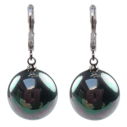 Petroleum kleurige ronden parel oorbellen met zilver edelstaal, parel oorhanger, vooraanzicht | Verme Big Ball