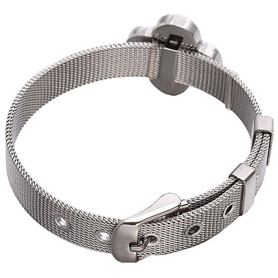 Achterkant van wit parelmoeren armband met zilver edelstaal | White Shell Flower Watch