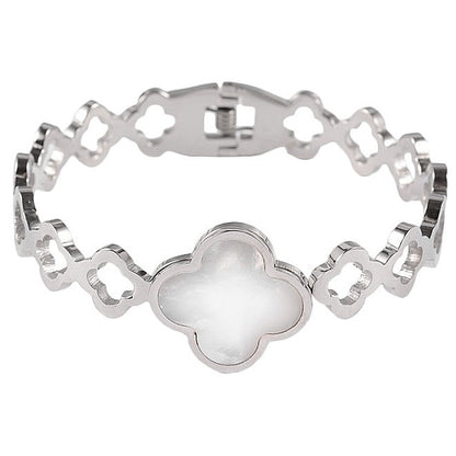 Wit parelmoeren armband met zilver edelstaal, zijaanzicht | White Shell Flowers
