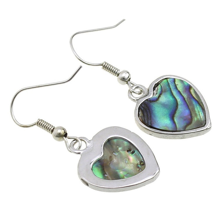 Parelmoeren hartjes oorbellen met abaloon en sterling zilveren oorbelhaakjes, voor en achteraanzicht | Abalone Silver Heart
