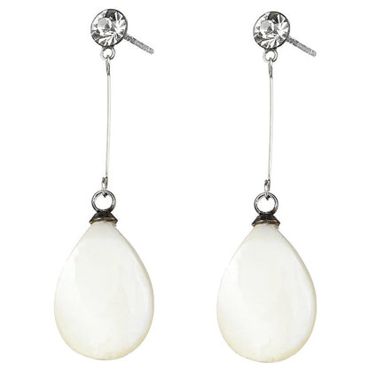 Witte parelmoeren oorbellen met wit schijfje parelmoer, stras steen en zilver edelstaal | Bling Long White Shell
