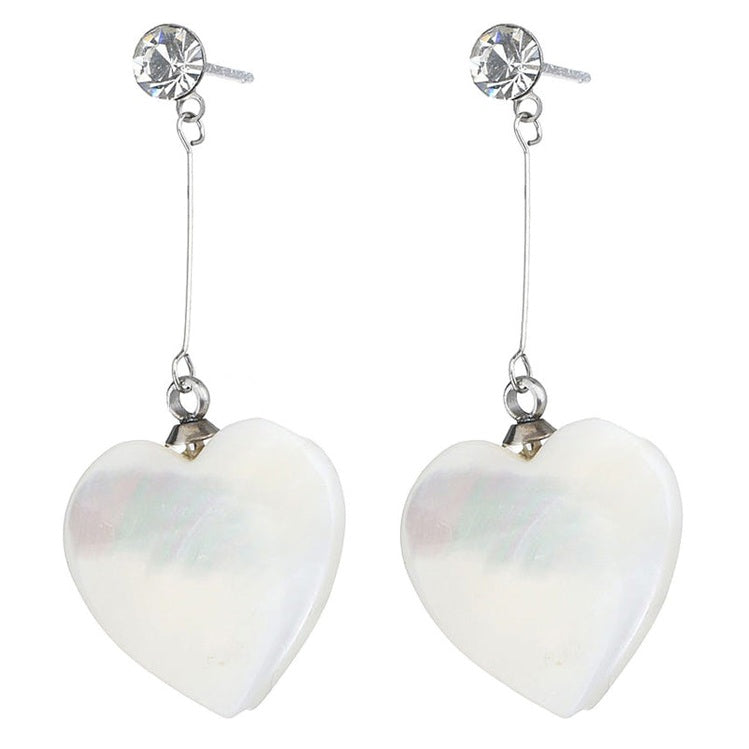 Witte parelmoeren oorbellen met wit parelmoer hartje, stras steen en zilver edelstaal | Bling Long White Shell Heart