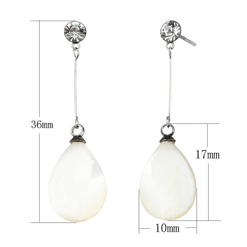 Witte parelmoeren oorbellen met wit schijfje parelmoer, stras steen en zilver edelstaal met maatindicatie | Bling Long White Shell