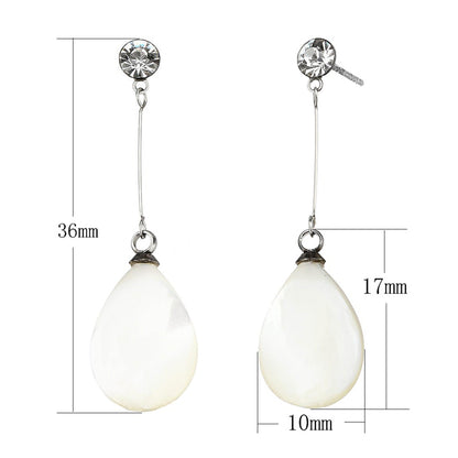 Witte parelmoeren oorbellen met wit schijfje parelmoer, stras steen en zilver edelstaal met maatindicatie | Bling Long White Shell