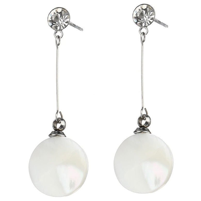 Witte parelmoeren oorbellen met rond wit schijfje parelmoer, stras steen en zilver edelstaal | Bling Long White Shell Round