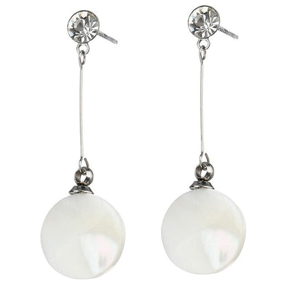 Witte parelmoeren oorbellen met rond wit schijfje parelmoer, stras steen en zilver edelstaal | Bling Long White Shell Round