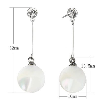 Witte parelmoeren oorbellen met rond wit schijfje parelmoer, stras steen en zilver edelstaal met maatindicatie | Bling Long White Shell Round