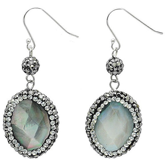 Grijze parelmoeren oorbellen met stras steentjes, glitter oorbellen met parelmoer en sterling zilver (925), achterkant | Bright Oval Blacklip