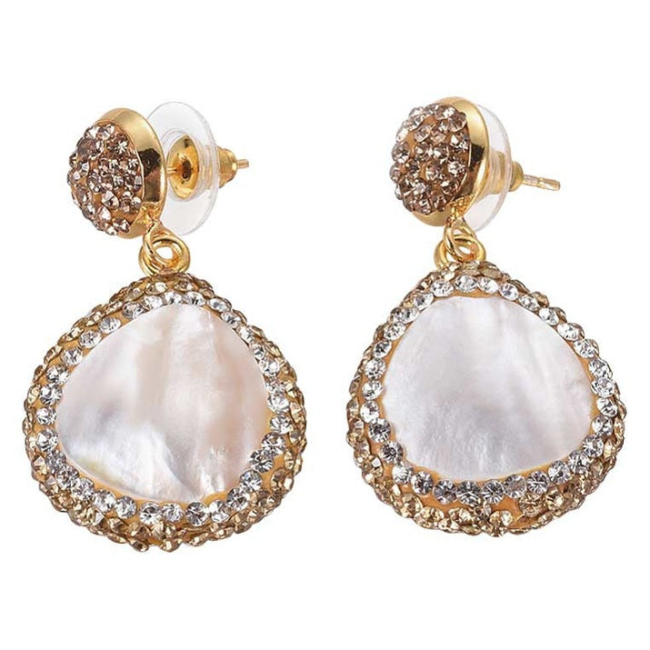 Grote witte parelmoeren oorbellen met stras steentjes in goud kleur | Bright Sunny Shell