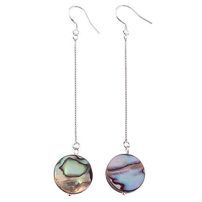 Lange parelmoeren oorbellen met ronde abaloon en sterling zilver 925 vooraanzicht | Long Dangling Abalone