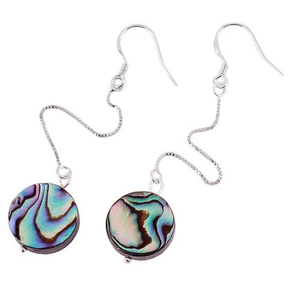 Lange parelmoeren oorbellen met ronde abaloon en sterling zilver 925 liggend | Long Dangling Abalone