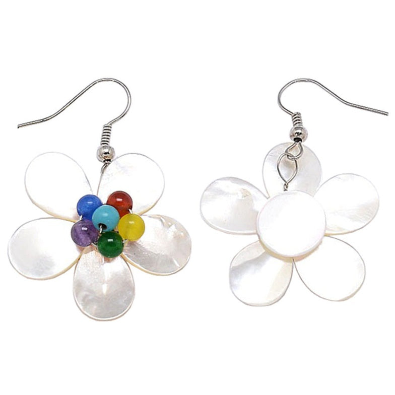 Parelmoeren oorbellen met wit parelmoer in de vorm van een bloem met zilver edelstaal voor en achterzijde | White Shell Flower Multi Stone