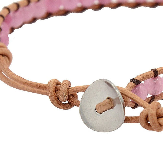 Slotje van roze edelstenen armband met rozenkwarts en bruin leer | Wrap Little Rose Quartz