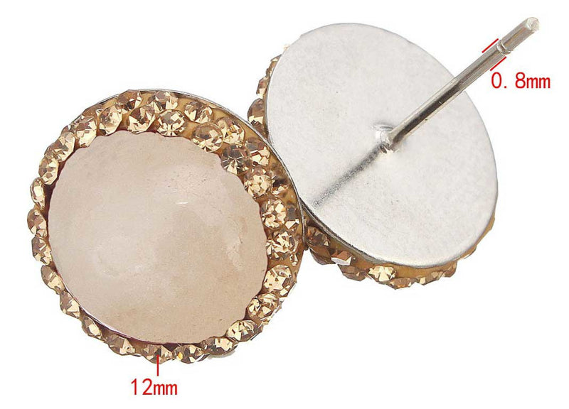Roze edelstenen oorknopjes met agaat, gouden stras steentjes en edelstaal met maatindicatie | Golden Bright Rosé Quartz