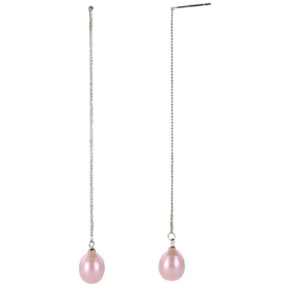 Lange zoetwater parel oorbellen met roze parels hangend | Pearl Chain Rose