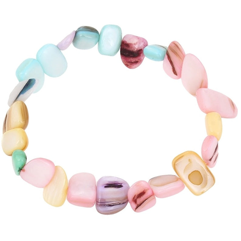 Pastel gekleurd parelmoer schelpen armband | Elastisch | Pastel Shell Chip