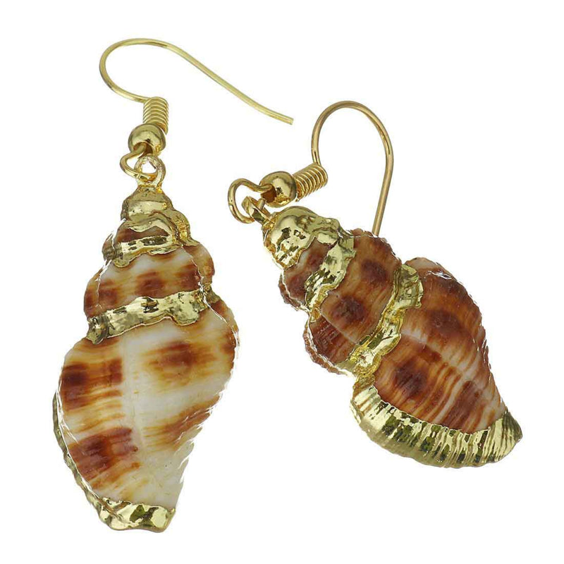 Schelpen oorbellen met witte en bruine schelp en goud edelstaal liggend | Ribbed Seashell Gold