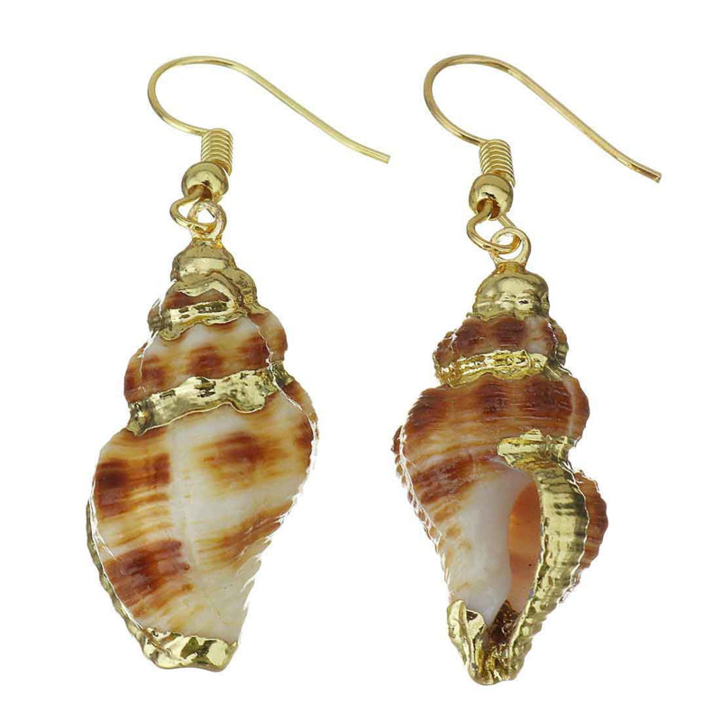 Schelpen oorbellen met witte en bruine schelp en goud edelstaal voor en achterzijde | Ribbed Seashell Gold