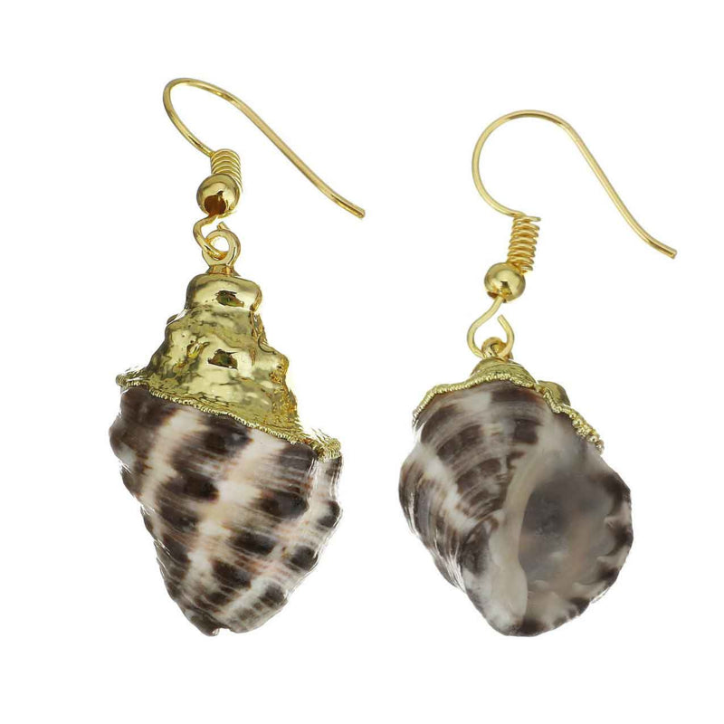 Kleine schelpen oorbellen met beige en bruine schelp met goud edelstaal voor en achterzijde | Small Trumpet Shell Gold