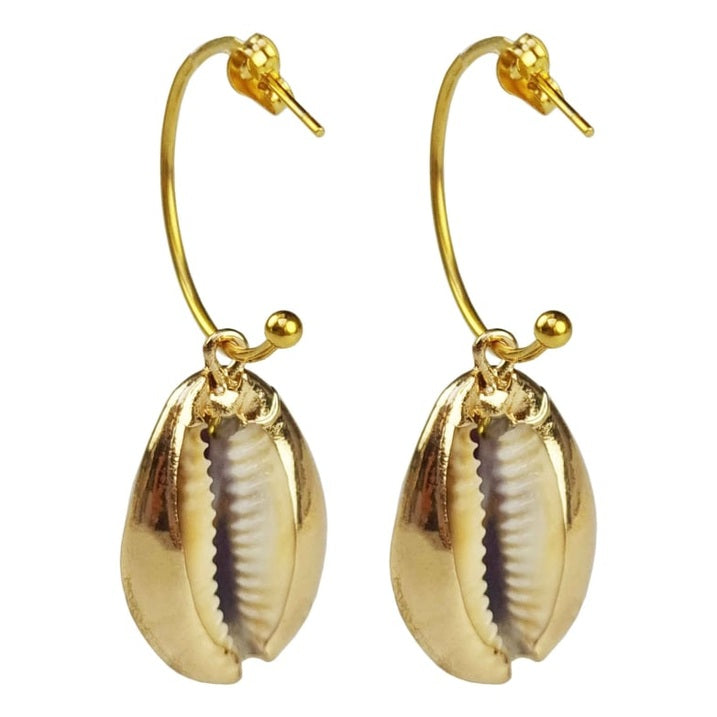 Gouden oorringen met paarse schelpen en goud edelstaal achterzijde | Shell Cowrie Purple