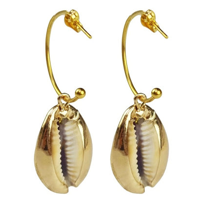 Gouden oorringen met paarse schelpen en goud edelstaal achterzijde | Shell Cowrie Purple
