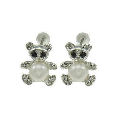 Zoetwater parel oorknopjes met witte parels en zilveren beertje met stras steentjes | Pearl Bear W
