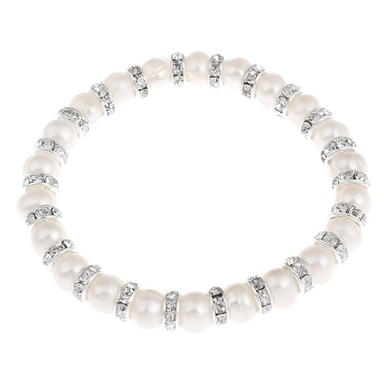Wit zoetwater parel armband met stras steentjes, elastisch | Bling Pearl