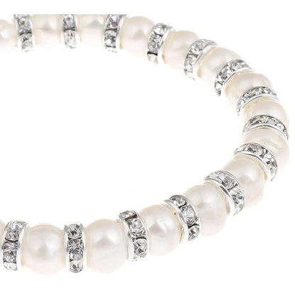 Detail van wit zoetwater parel armband met stras steentjes, elastisch | Bling Pearl