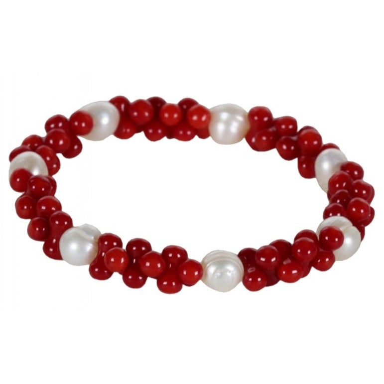 Wit zoetwater parel armband met rood koraal, elastisch | Coral Pearl