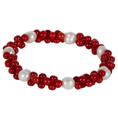 Wit zoetwater parel armband met rood koraal, elastisch | Coral Pearl