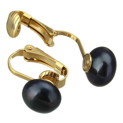 Grote zoetwater parel clips oorbellen met blauw zwarte parels en goud edelstaal, open parel clips oorbellen | Gold Black Clip Pearl 10 mm