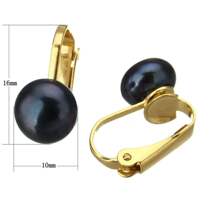 Grote zoetwater parel clips oorbellen met blauw zwarte parels en goud edelstaal, maat indicatie | Gold Black Clip Pearl 10 mm