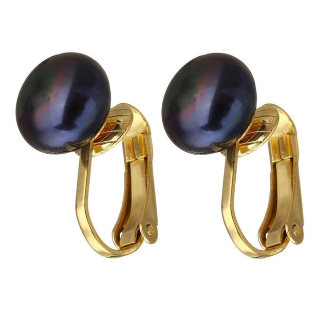 Grote zoetwater parel clips oorbellen met blauw zwarte parels en goud edelstaal | Gold Black Clip Pearl 10 mm