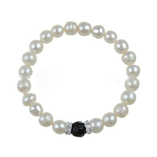 Wit zoetwater parel armband met zwart geslepen kristallen en stras steentjes, bovenaanzicht | Ezra