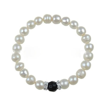 Wit zoetwater parel armband met zwart geslepen kristallen en stras steentjes, bovenaanzicht | Ezra