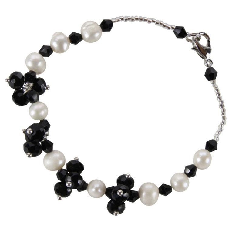 Wit zoetwater parel armband met zwart facet geslepen kristallen | Pearl Black Crystal