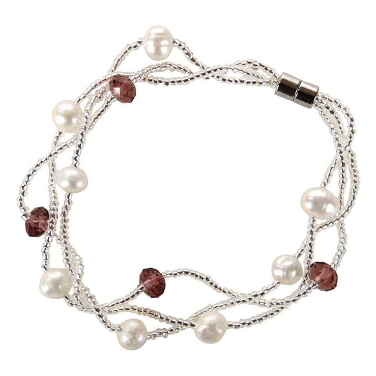 Wit zoetwater parel armband met oud roze facet geslepen kristallen en magneetslotje | Twine Pearl Purple Crystal