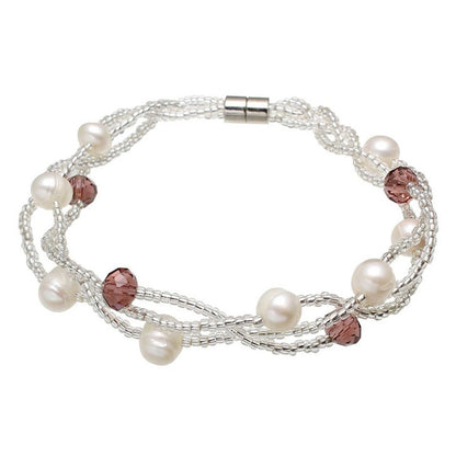 Wit zoetwater parel armband met oud roze facet geslepen kristallen en magneetslotje, vooraanzicht | Twine Pearl Purple Crystal