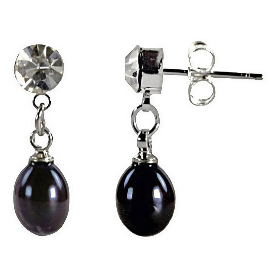 Zwarte zoetwater parel oorbellen met stras steentje | Big Crystal Pearl Black