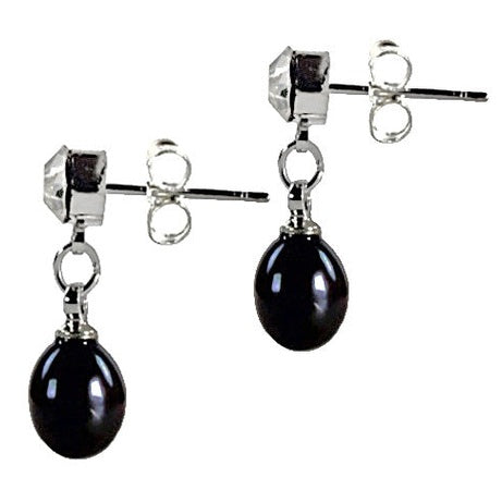 Zwarte zoetwater parel oorbellen met stras steentje zijaanzicht | Big Crystal Pearl Black