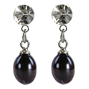 Zwarte zoetwater parel oorbellen met stras steentje vooraanzicht | Big Crystal Pearl Black