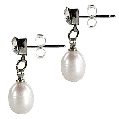 Witte zoetwater parel oorbellen met stras steentje zijaanzicht | Big Crystal Pearl White
