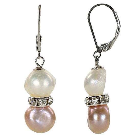 Zoetwater parel oorbellen met witte en roze parels en stras steentjes | Bling Pearl Soft Colors